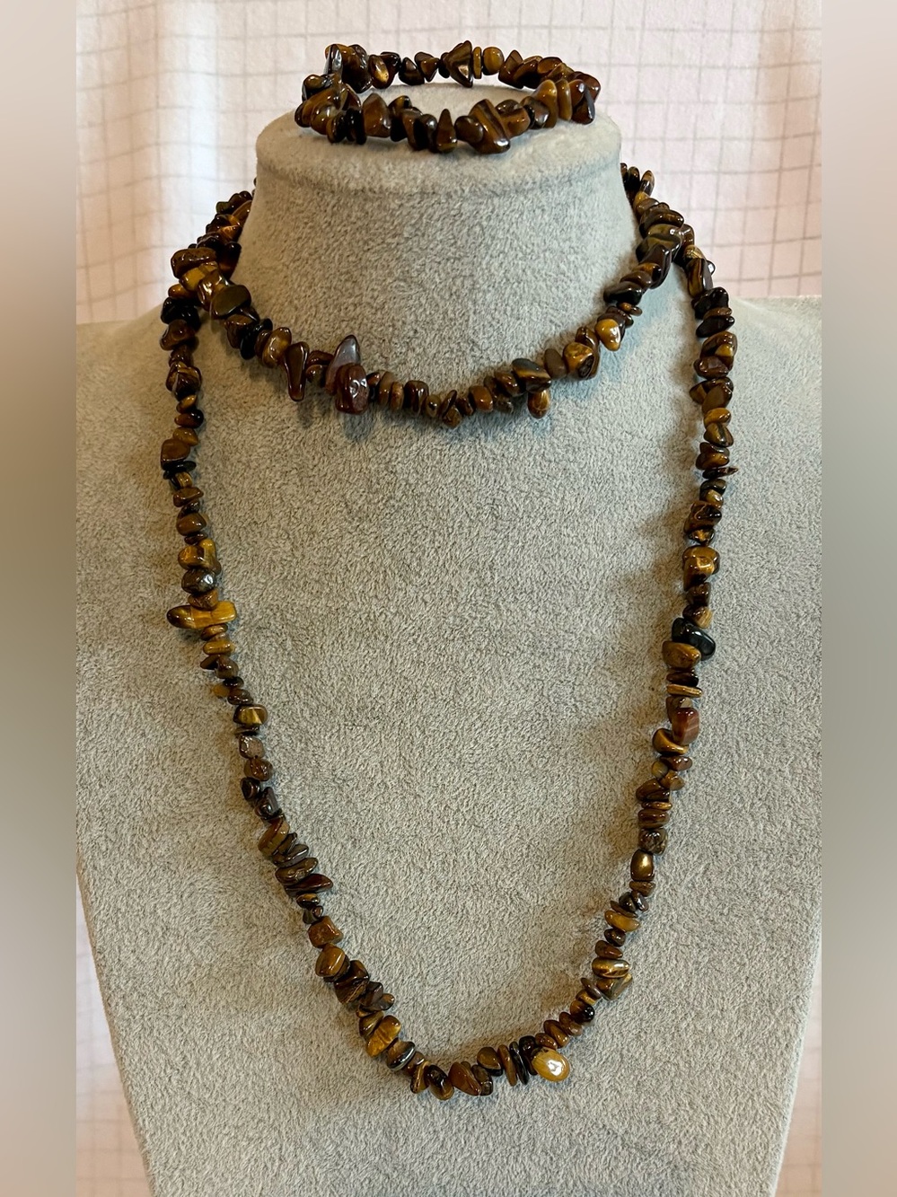 Tigers Eye Chip Necklace + Stretch Bracelet Set